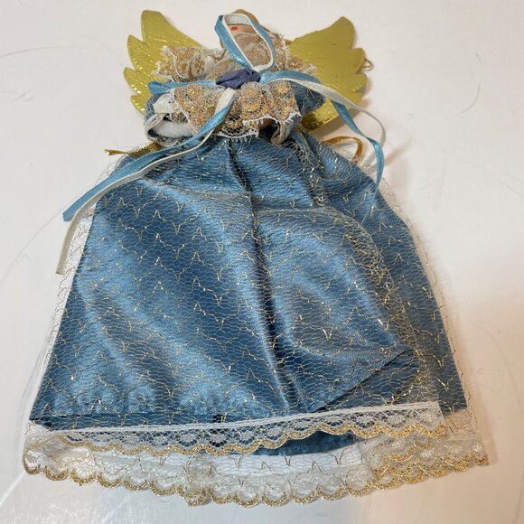 Vintage Handmade Angel Tree Topper With Golden Wings & Blue Gown Lace Overlay - Picture 4 of 8